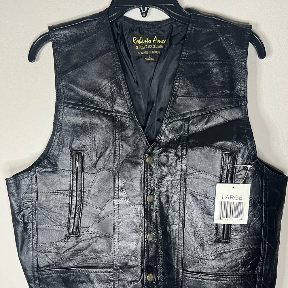 NWT Vintage Roberto Amee 100% Leather Black  Motorcycle Vest Men's size Large L